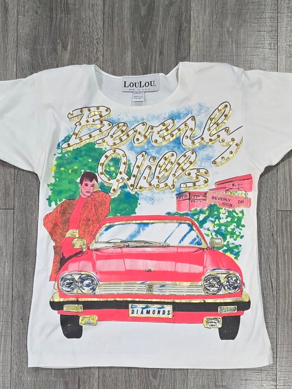 Vintage LOULOU Beverly Hills Rhinestone Tee Made USA 80s 90s One Size.